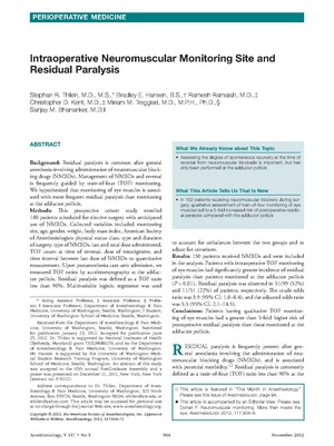 Intraoperative neuromuscular monitoring site and residual paralysis (Thilen 2012).pdf