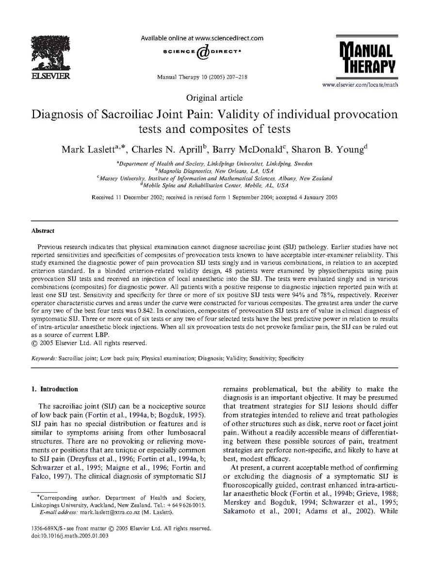 File:Laslett - Diagnosis of Sacroiliac Joint Pain.pdf - WikiAnesthesia
